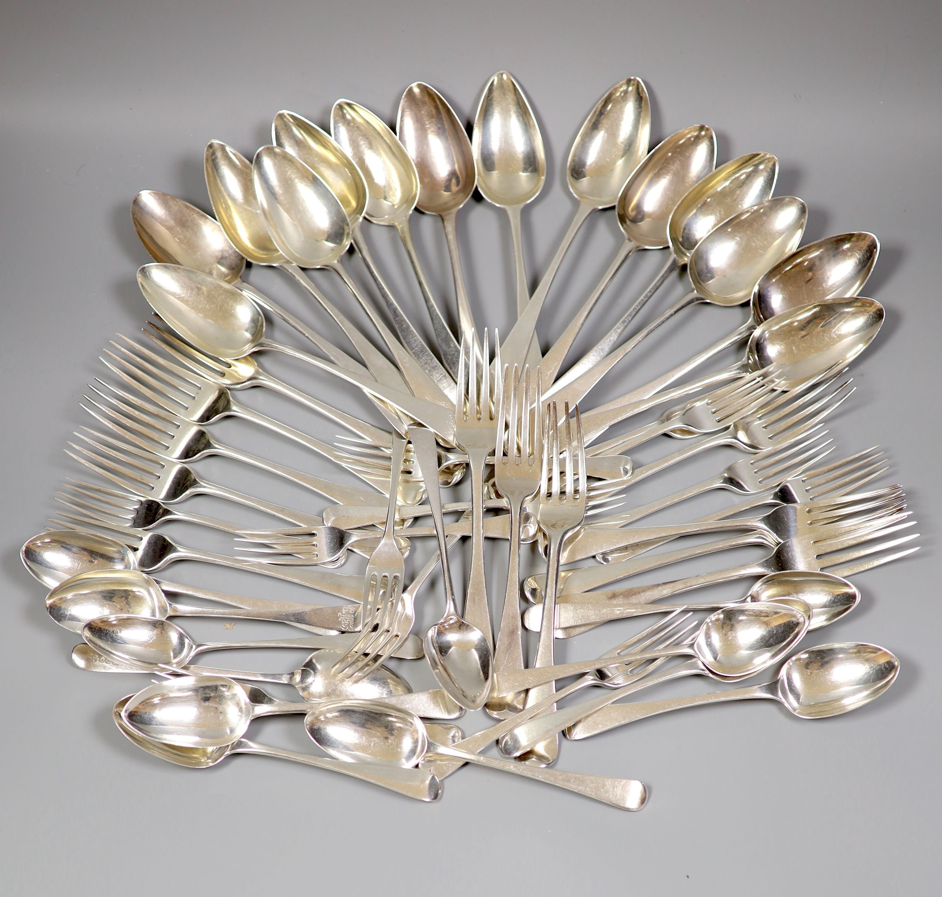 A matched part canteen of 19th century Old English pattern silver flatware, various dates and makers